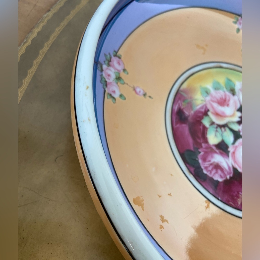 Vintage Noritake Hand Painted Lusterware Large Shallow Bowl Peach Blue Floral - Picture 4 of 9